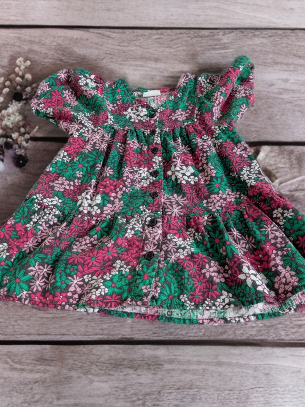 Girls Floral Button-Front Casual Dress in Green & Pink